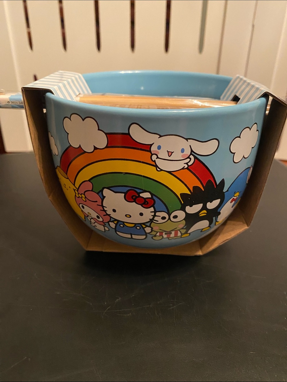 Sanrio Blue Hello Kitty & Friends Rainbow Ceramic Bowl with Chop Sticks NEW